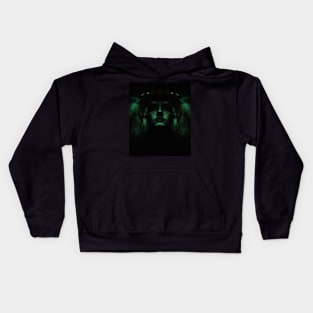 Portrait, digital collage, special processing. Dark, strong. Guy face looking up high. Fantasy. Green. Kids Hoodie